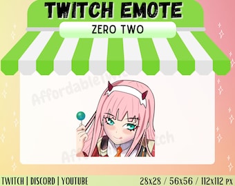 May include: A digital illustration of a pink-haired anime character with blue eyes, wearing a red and white uniform, holding a blue lollipop. The text "TWITCH EMOTE ZERO TWO" is above the character. The text "TWITCH | DISCORD | YOUTUBE" is below the character. The text "28x28 / 56x56 / 112x112 PX" is below the text.