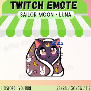 Premade Luna Sailor Moon Inspired Cozy Twitch Emote / badge Black Cat P2U Instant Download Kawaii Cute Emotes Sunflower Heart Anime Blanket