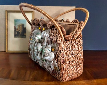 Vintage Raffia Handbag with Silk Flowers Made in Japan 1950's