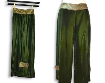 Velvet Wide Leg Capri Pants Made in Canada, Vintage Green Velvet with Silk Trim, Side Zipper, Orange Crystal Starburst Leg Buttons