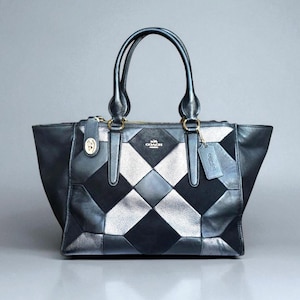 Coach Black Patchwork Carryall 20896 Crosby Top Handle Bag Turnlock Pebble Leather Suede Silver Metallic Geometric Patches