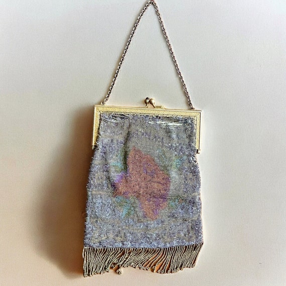 Antique Rose French Cut Steel Beaded Bag Fringe Mirror Cover 