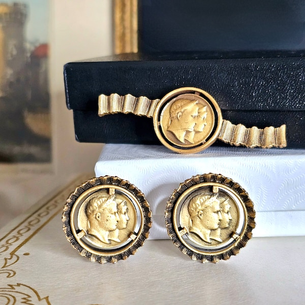 SET - Signed Star 1920s Neo Classic Roman Revival Jewelry Coin Earrings and Brooch 1810 Marriage of Napoleon & Marie-Louise Antique Jewelry