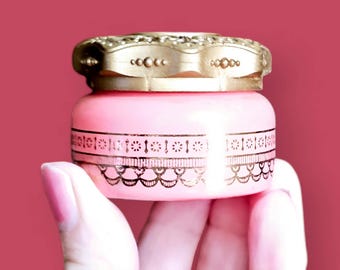 Vintage Coral Pink Glass Perfume Pot with Gold Plastic Lid, Gold Painted Scalloped Trim, Ornate Storage Container