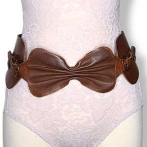 Vintage Glove Tanned Brown Leather Wide Cincher Waistband Belt with Bow, Brass Buckle, Elastic Renaissance Cosplay Edwardian
