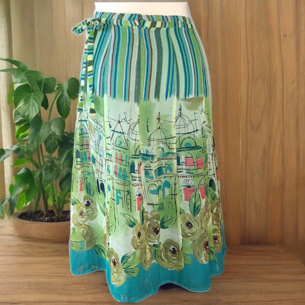 Beautiful Silk Chiffon Skirt Parisian Street Scenes Floral Abstract Silk Skirt by New York City Design Co. Size 14