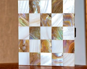 Vintage Mother of Pearl Square Powder Compact Iridescent White Beige Gray Mosiac Checkerboard Gold Toned Metal