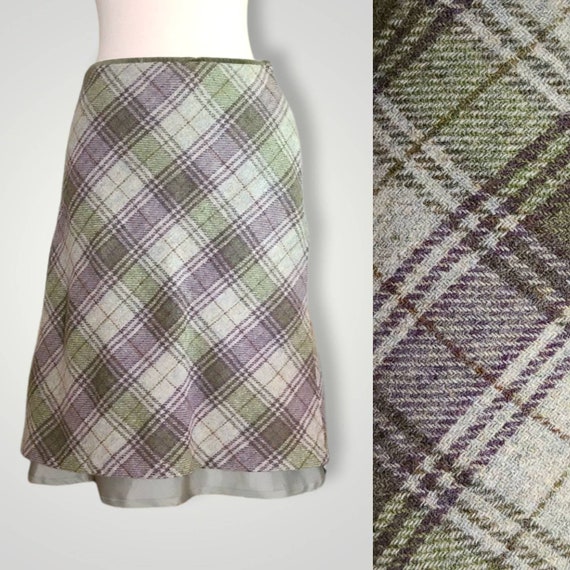 Laura Ashley Vintage Wool Skirt Plaid Green Velve… - image 1