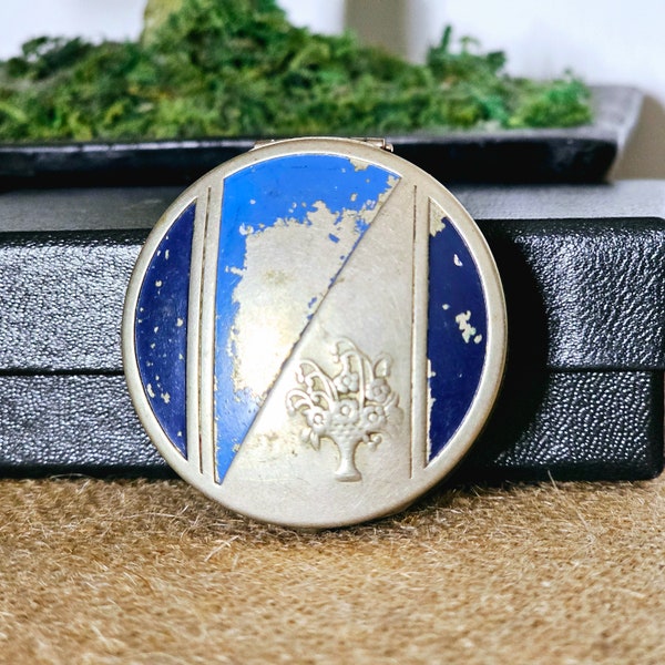 Antique Cara Nome Rouge Powder Compact with Original Rouge and Puff, Silver Tone Metal Blue Enamel Art Deco 1920s Langlois New York