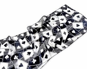 Long Black & White Silky Scarf Poker Cards Casino, Vtg Polyester Made in Korea, Hearts Clubs Spades Diamond 59 Inches Long Sheer Runner
