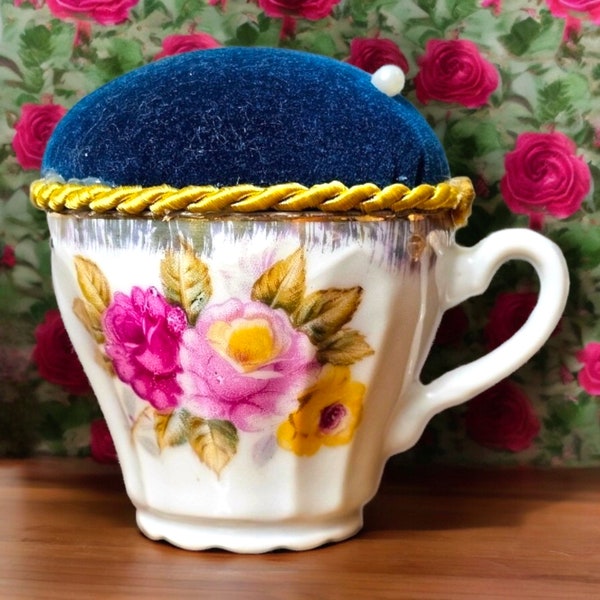 Antique Porcelain Demitasse Tea Cup Pincushion Cobalt Blue Velvet Ruby Red Pink Yellow English Cottage Roses Gold Rim