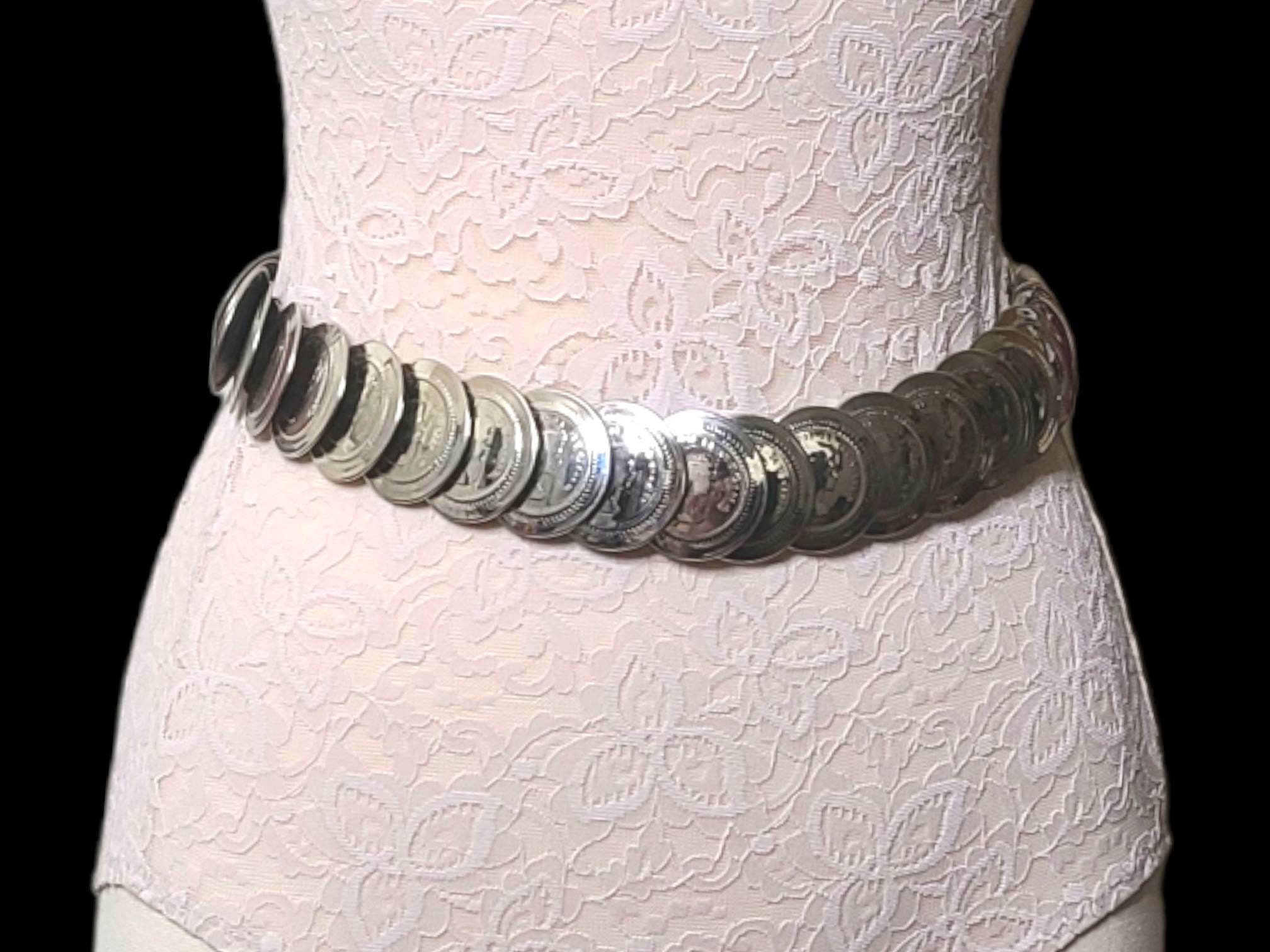 Coin Belt Queen Elizabeth II Regina Stretch Elastic Silver-Tone 30\