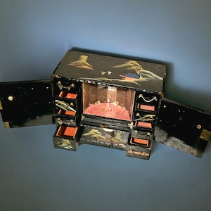 Mid Century Japanese Black Lacquerware Jewelry Box With Inlaid Shell ...