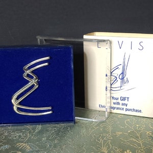 RARE Elvis Fragrances &quot;E&quot; Brooch Silver Metal Pin In Original Box Made in USA