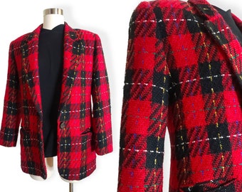 vintage Nordy’s Tartan Plaid Blazer Sz. SM. Mélange de laine, épaulettes, entièrement doublées, carreaux rouges noirs Nordstroms bleu jaune vert et blanc