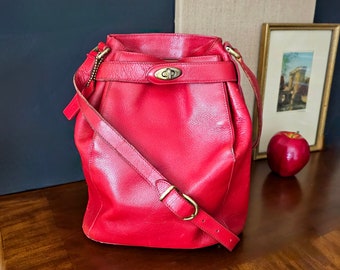 Red Leather Coach Madison Deauville Bucket Bag Made in Italy "Bulls Eye" Symbol Brass Turnkey Style No. 4426, "As-Is"