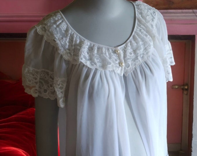Vintage White Chiffon Robe Shawl Cape Sheer Nylon Full Sweep Lace Pearl ...