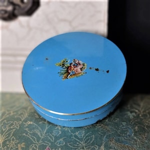 Vintage Powder Blue Tin Romantic Victorian Era, Antique Boudoir Tin Storage Box Blue Pink Green Red