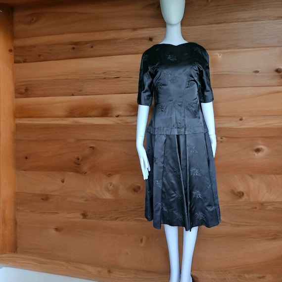 Vintage Black Satin Jacquard Asian Styled Dress E… - image 1