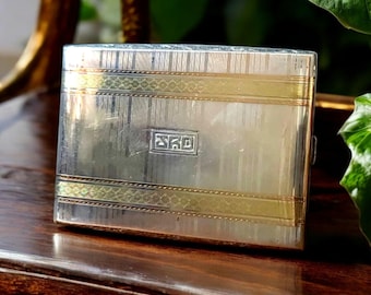 1920s Art Deco Sterling Cigarette Case 14K Gold Inlay Signed NAPIER BLISS Hinged Slip Pocket Slim Box Diamond Stripes Antique Minaudiere