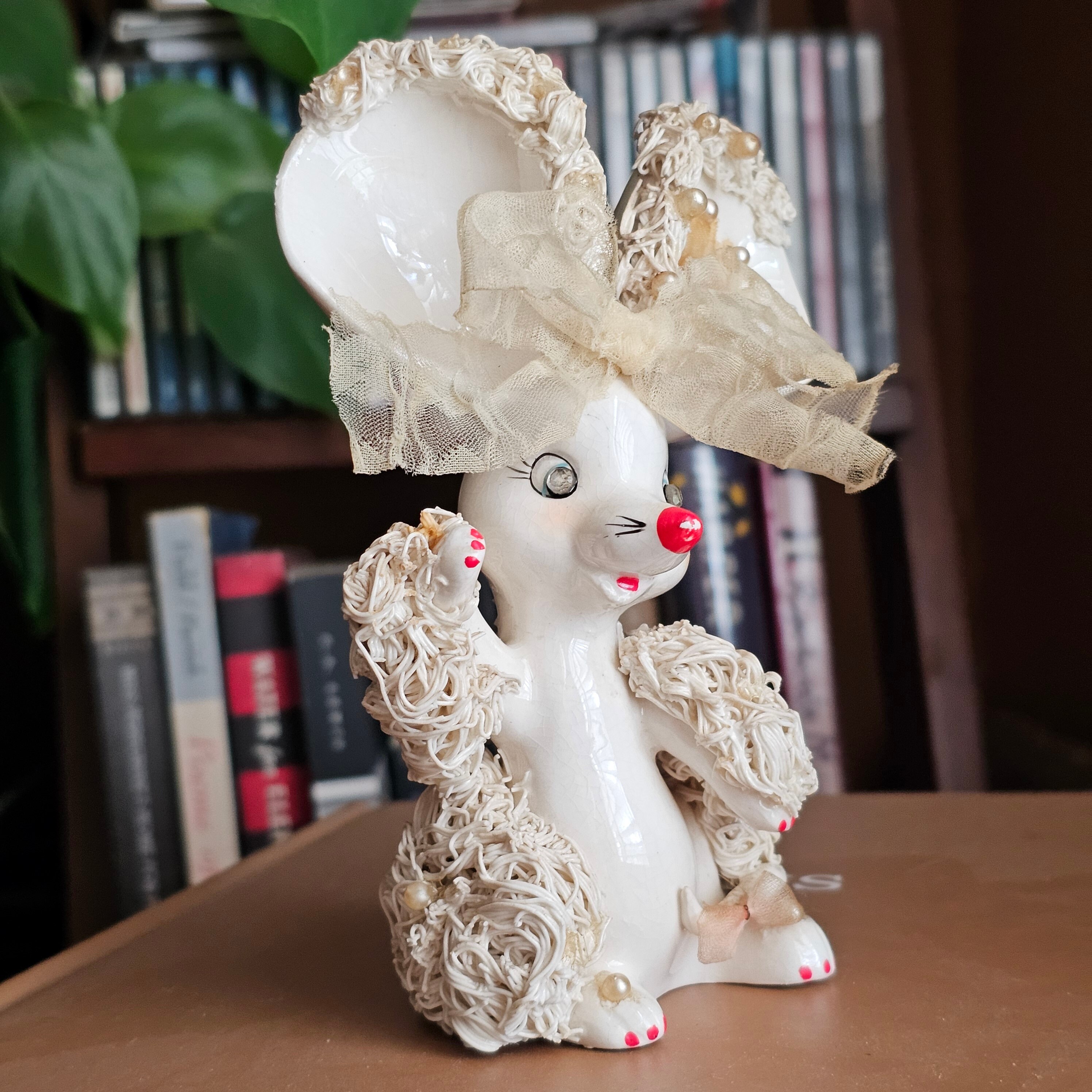 Vintage Spaghetti Mouse Porcelain Figurine Anthropomorphic Textured White Pottery Mouse Red Nail Polish Rhinestones Pearls & Lace