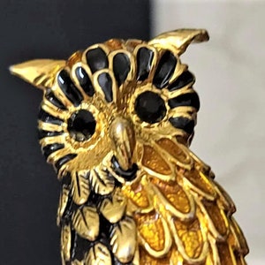 Mid Century Enameled Owl Brooch Gold Toned Metal Black Rhinestone Eyes Golden Brown and Black Enamel Figural 3-Dimensional Jewelry Pin