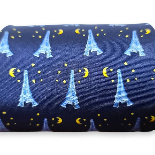 SILK Tie Made in France Eiffel Tower Midnight Blue Yellow Starry Sky Moon Face Creation Exclusive