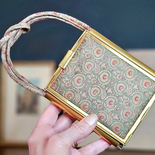 Pochette Minaudière des années 30, sac à main en brocart et métal, sac à main rigide compact et boîte de rouge à lèvres Minaudière