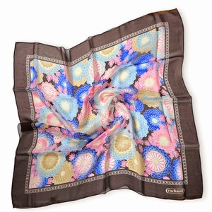 Cacharel for Glentex Large 25&quot; Square Sheer Silk Scarf PRISTINE Mid Century Mod Brown Blue Pink Gold White Boho Flowers
