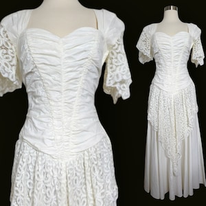 80&#39;s White Dress Ruched Bodice Sweetheart Neckline Cotton Sz 8 Cottage Core Wedding Fairy Princess Cosplay B.B. Collections Barbara Barbara