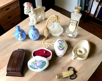 Antique Bottles, Bakelite Case, WWI Chamberstick, Music Box, Zanol Bottle, Atomizer Taiwan, Erpholia Germany Perfume Bottles, Poodle, Etui