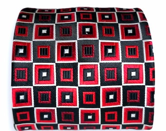 50s Pierre Cardin Vintage Tie Red Black Silver Geometric Squares Woven Polyester Jacquard Foulard Necktie