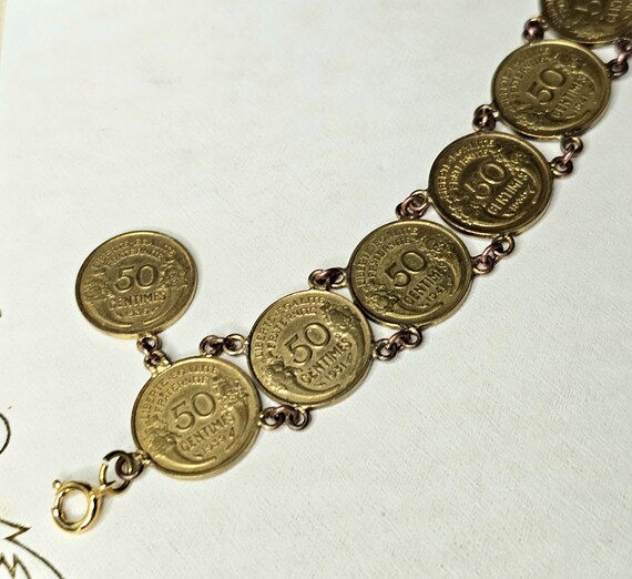 Vintage French Coins Link Bracelet 50 Centimes Co… - image 6