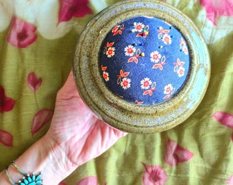 Studio Pottery Glazed Stoneware Pincushion Shallow Earthenware Planter SIGNED Green Blue Flecks Blue Flowered Fabric