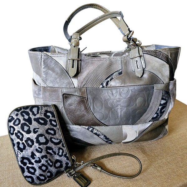 Coach Gray Patchwork Tote AND Wristlet Style No. 15459 Gray Leather and Suede Ocelot Optic Signature Handbag Patent Leather Straps