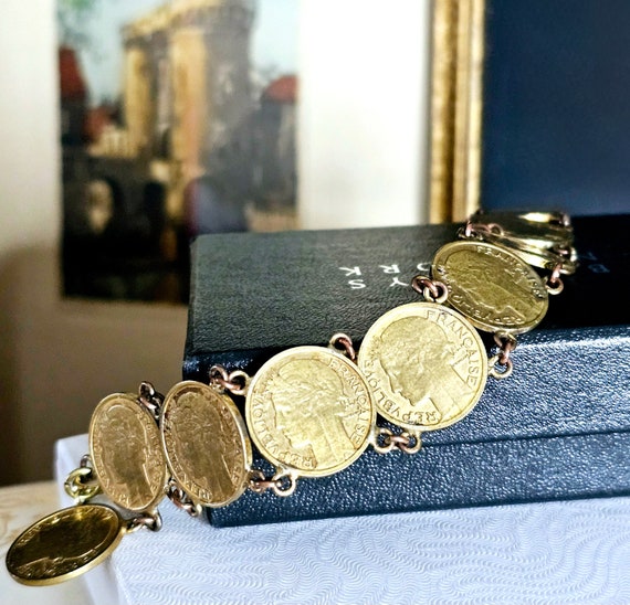 Vintage French Coins Link Bracelet 50 Centimes Co… - image 1