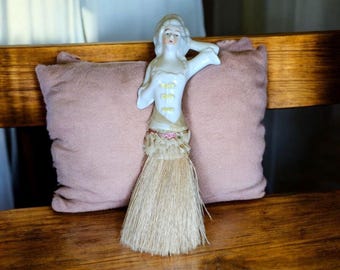 Antique Vanity Brush Porcelain Lady Figurine Whisk Broom Marie Half Doll Vanity Boudoir English Country Cottage Boho Upcycle Repurpose