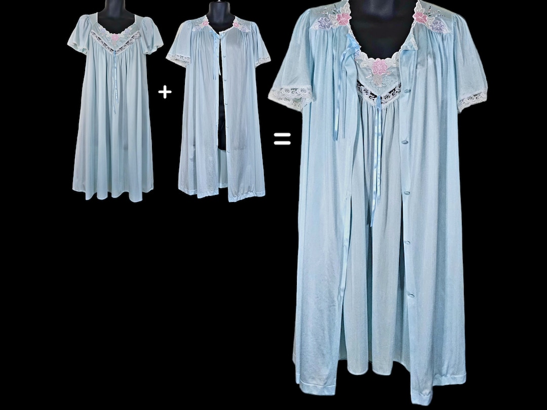 Vtg Lorraine Blue Nightgown & Robe Set Tea Length Antron III Nylon Gown