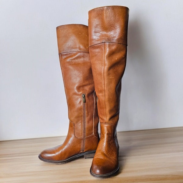 Over-the-Knee Whisky Brown Leather Boots Top Grain Pebble Texture 22" Shaft 1" Stacked Leather Heel Vintage Franco Sarto SIZE 7.5