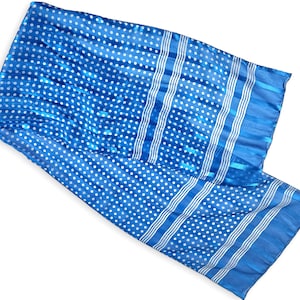 Bufanda larga de lunares y rayas azules y blancas, bufanda transparente de 53 pulgadas x 11 pulgadas, bufanda vintage para cuello con cola de caballo