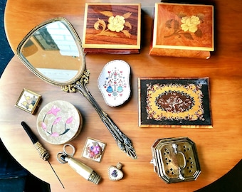 Vintage to Antique Reuge Premilex Music Box Enamel Trinket Dish Austria Limoges France Compact Brass Cricket Box Flower Inlay Perfume Vial