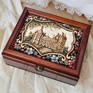 Mid Century Micro Needlepoint Jewelry Box Castle Roses Made in Japan
