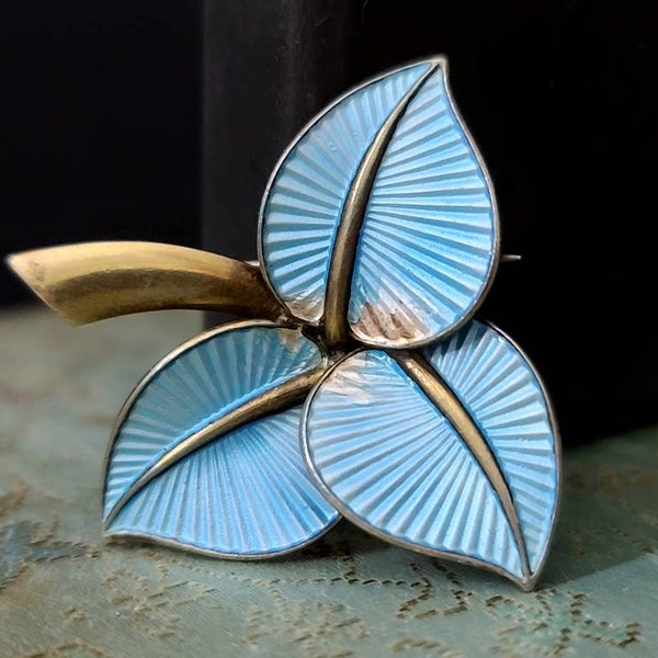 1920s Norwegian GUILLOCH Blue Enamel over STERLING Silver Leaf Brooch Norway SIGNED A. Soh Norway, Blue Flowers Leaves Albert Scharning Oslo