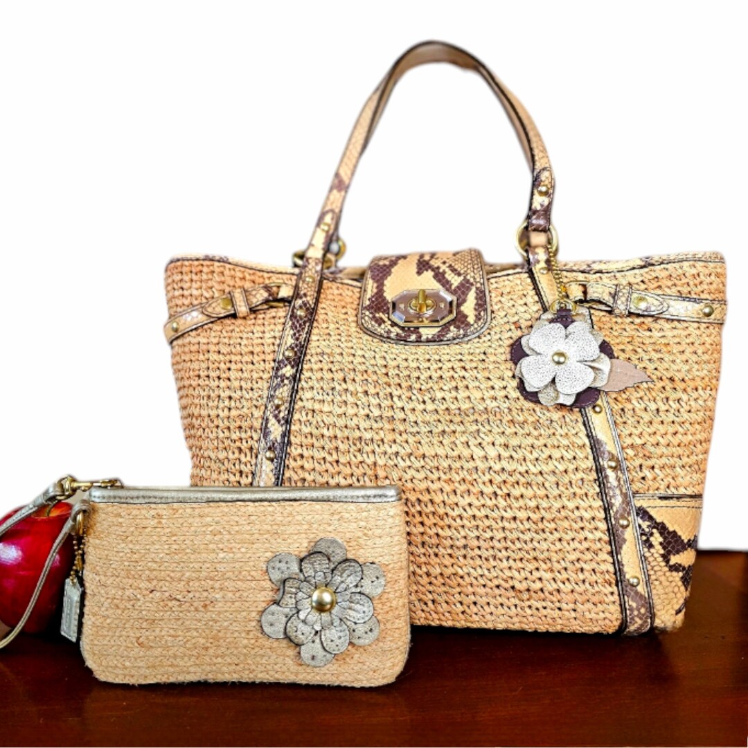 Coach Straw Tote AND Wristlet Exotic Reptile Leather Trim Hamptons Natalie Weekender Large Boho Shopper Shoulder Bag 16839 Cottagecore Etsy