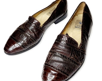 Vintage mixto reptil cuero genuino lagarto mocasines marrón Carlo Morandi zapato de hombre tamaño 9 1/2