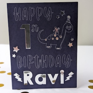 d'anniversaire personnalisée dinosaure | Nom personnalisé et âge | Bleu profond | Sarcelle | Modèle argenté | Garçons