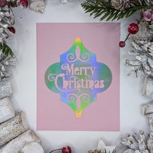 Holografische vrolijke kerstkaarten | Pastelroze, groen, grijs en perzik | Elegante vakantiewenskaarten