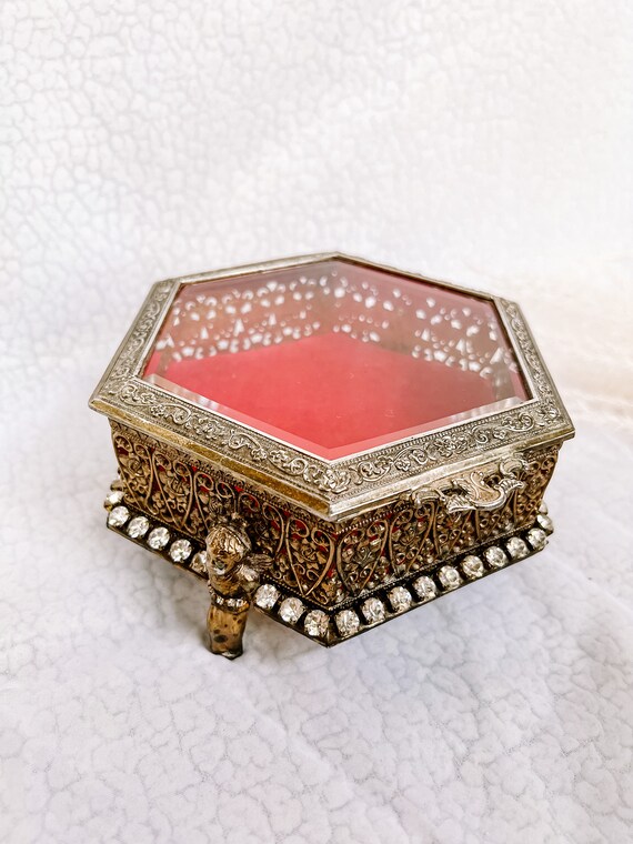 vintage hexagonal ormolu filigree jewelry/trinket… - image 2