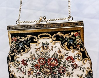 Vintage black & white floral tapestry crossbody/shoulder purse with gold filigree trim