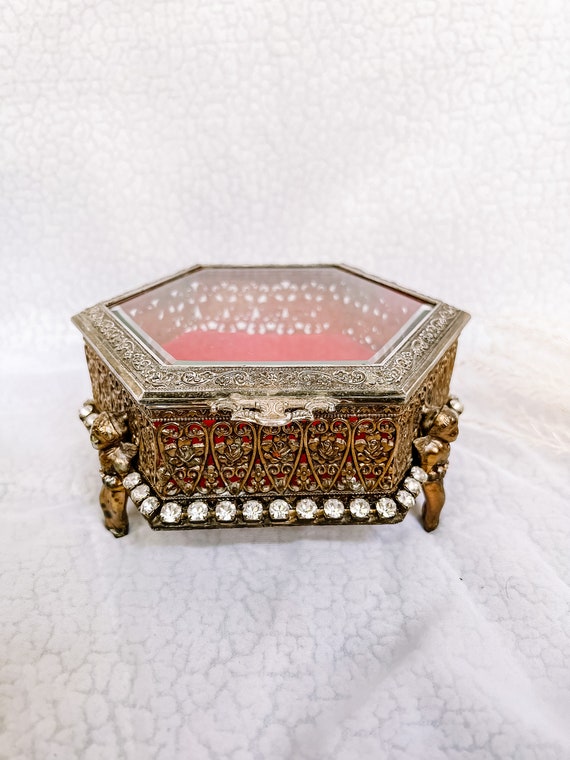 vintage hexagonal ormolu filigree jewelry/trinket… - image 1